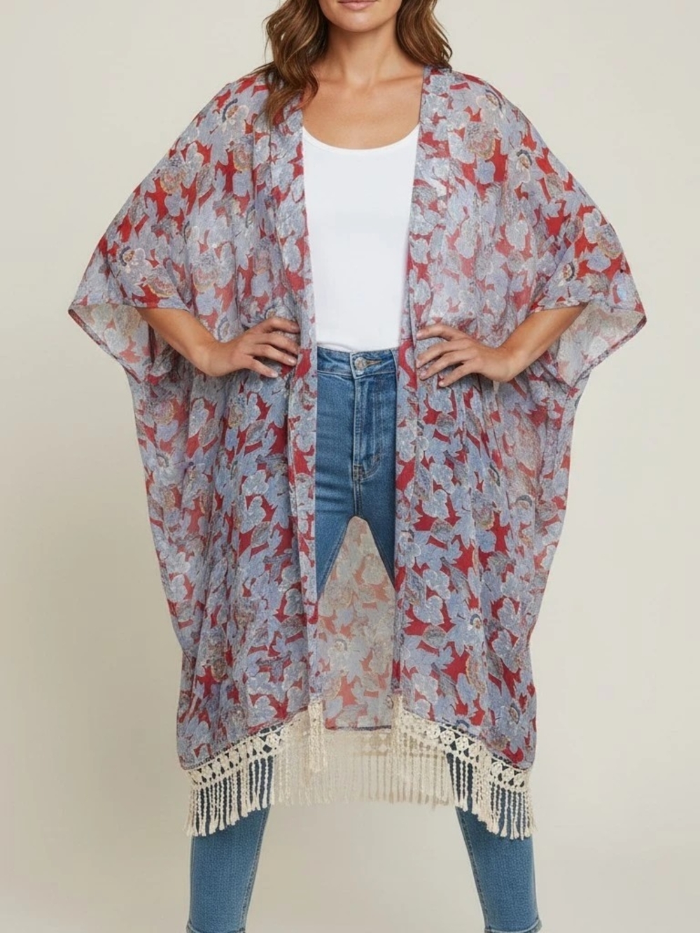Forever 21 Red Floral Kimono with Crochet Fringe Oversized